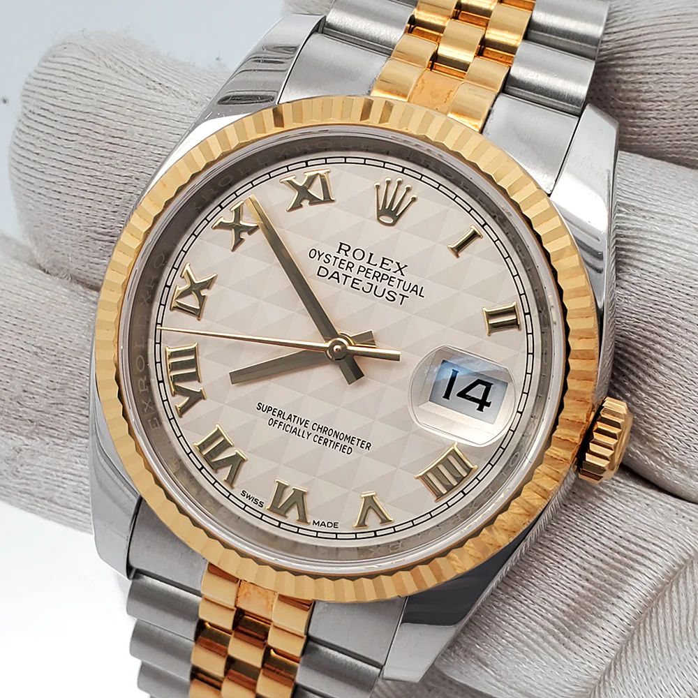 Rolex Datejust 36mm 2-Tone Yellow Gold/Steel Cream Pyramid Dial Watch 116233 Box Papers - Image 2