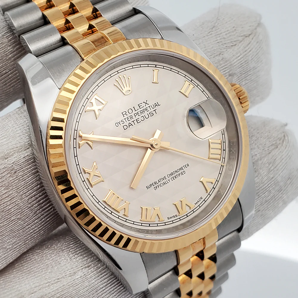 Rolex Datejust 36mm 2-Tone Yellow Gold/Steel Cream Pyramid Dial Watch 116233 Box Papers - Image 3