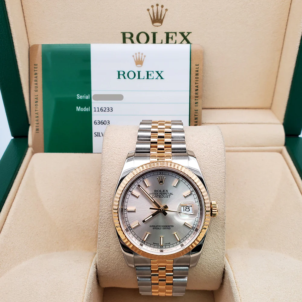 Rolex Datejust 36mm 2-Tone Yellow Gold/Steel Silver Index Fluted Jubilee Watch 116233 - Image 2
