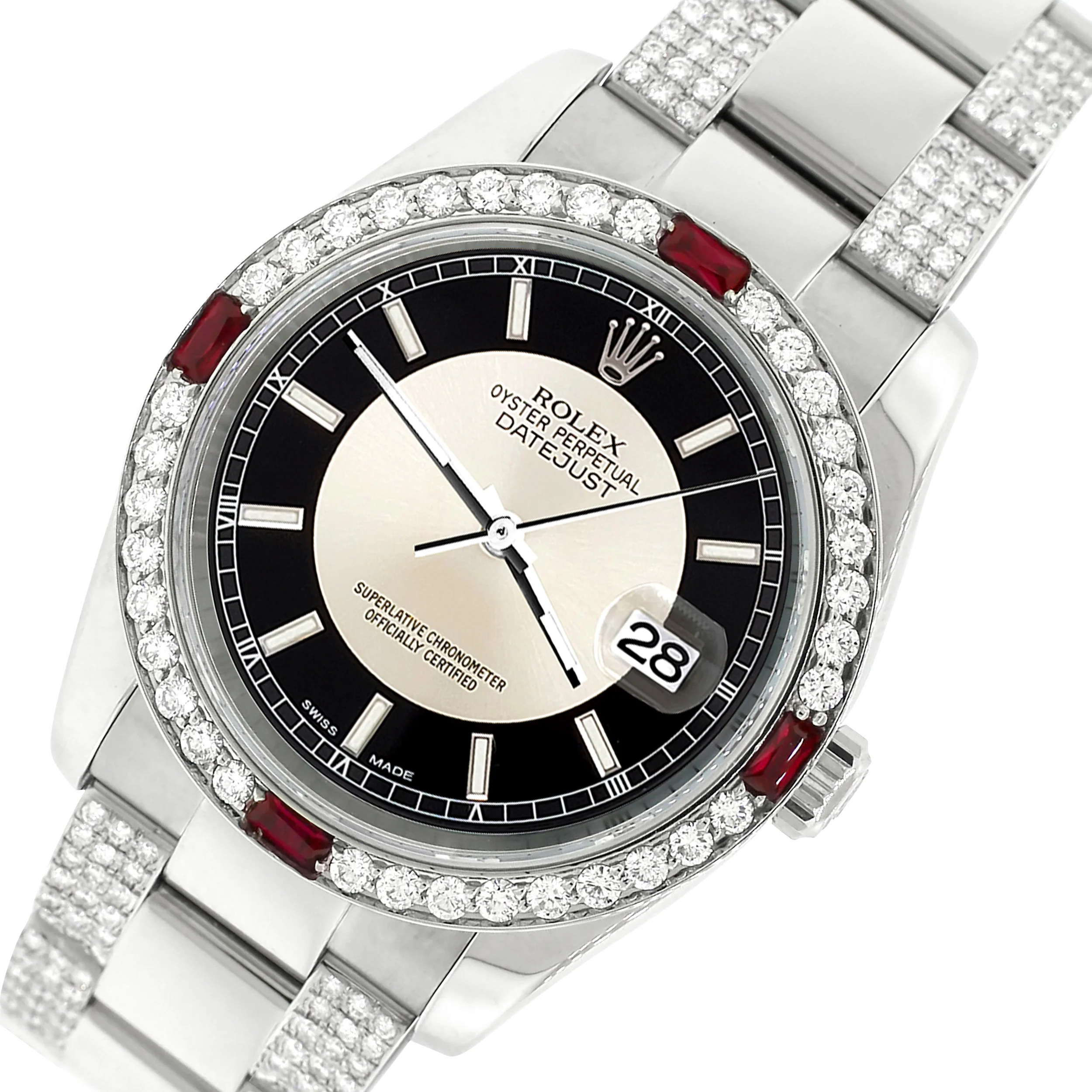 Rolex Datejust 36mm Tuxedo Bullseye Dial Watch with Custom 4.5Ct Diamond Bezel/Bracelet 116200 Steel Box & Apr