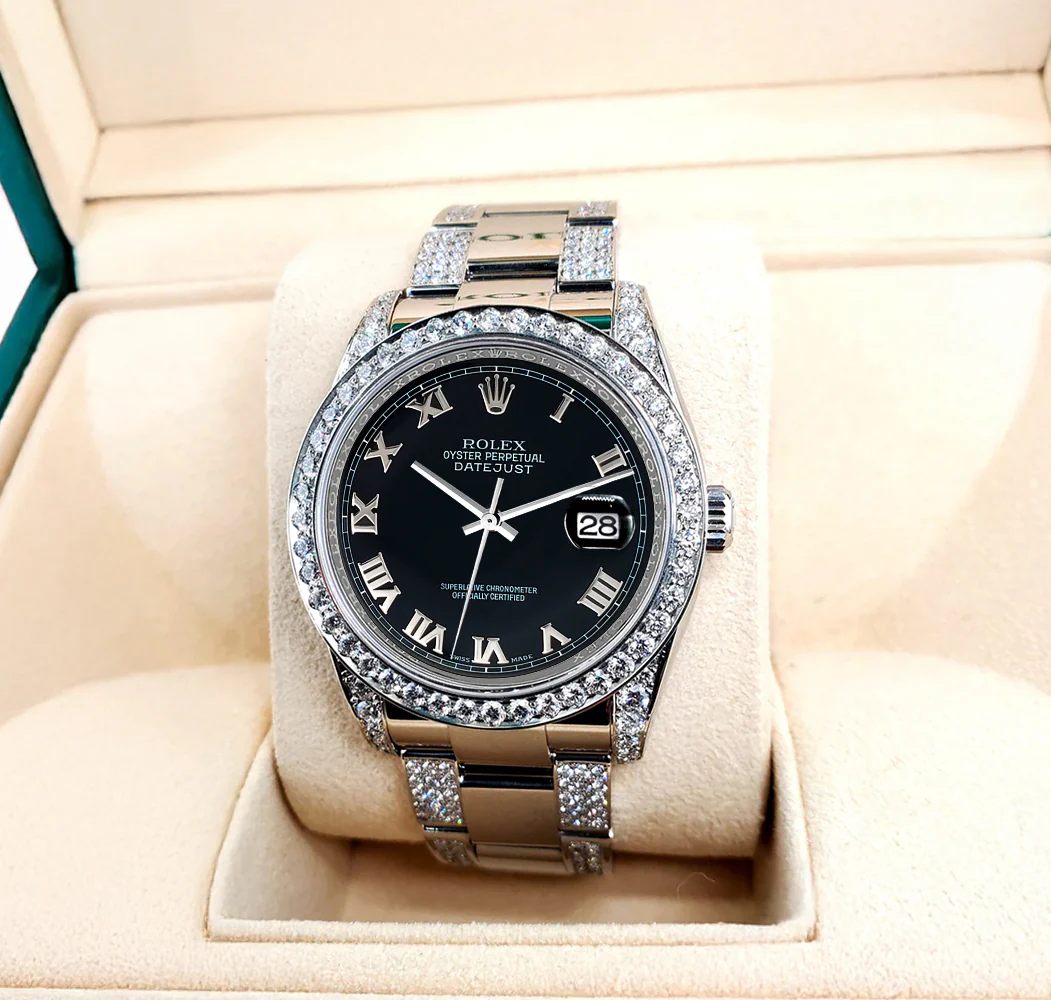 Rolex Datejust 36mm 5.9ct Diamond Bezel/Lugs/Bracelet/Black Roman Dial Steel Watch 116200 Box Papers - Image 2