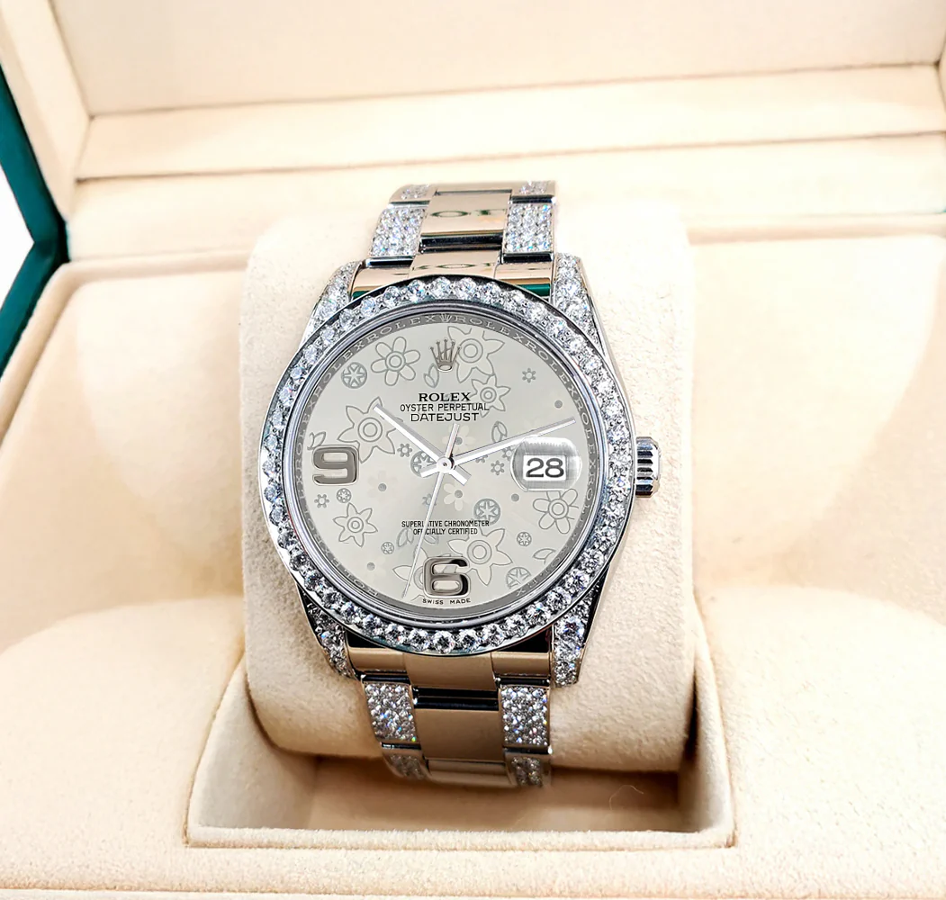 Rolex Datejust 36mm 5.9ct Diamond Bezel/Lugs/Bracelet/Silver Floral Dial Steel Watch 116200 Box Papers - Image 2