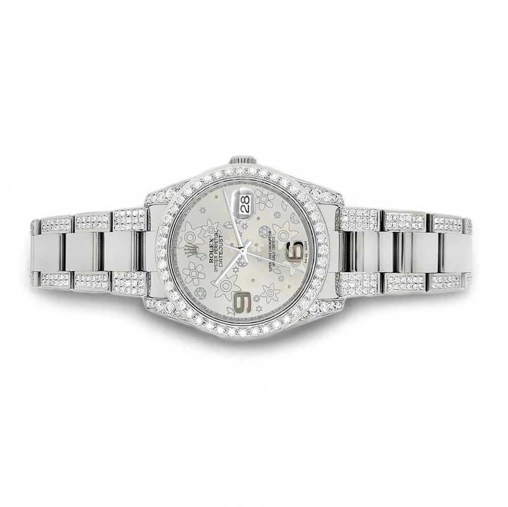 Rolex Datejust 36mm 5.9ct Diamond Bezel/Lugs/Bracelet/Silver Floral Dial Steel Watch 116200 Box Papers - Image 3