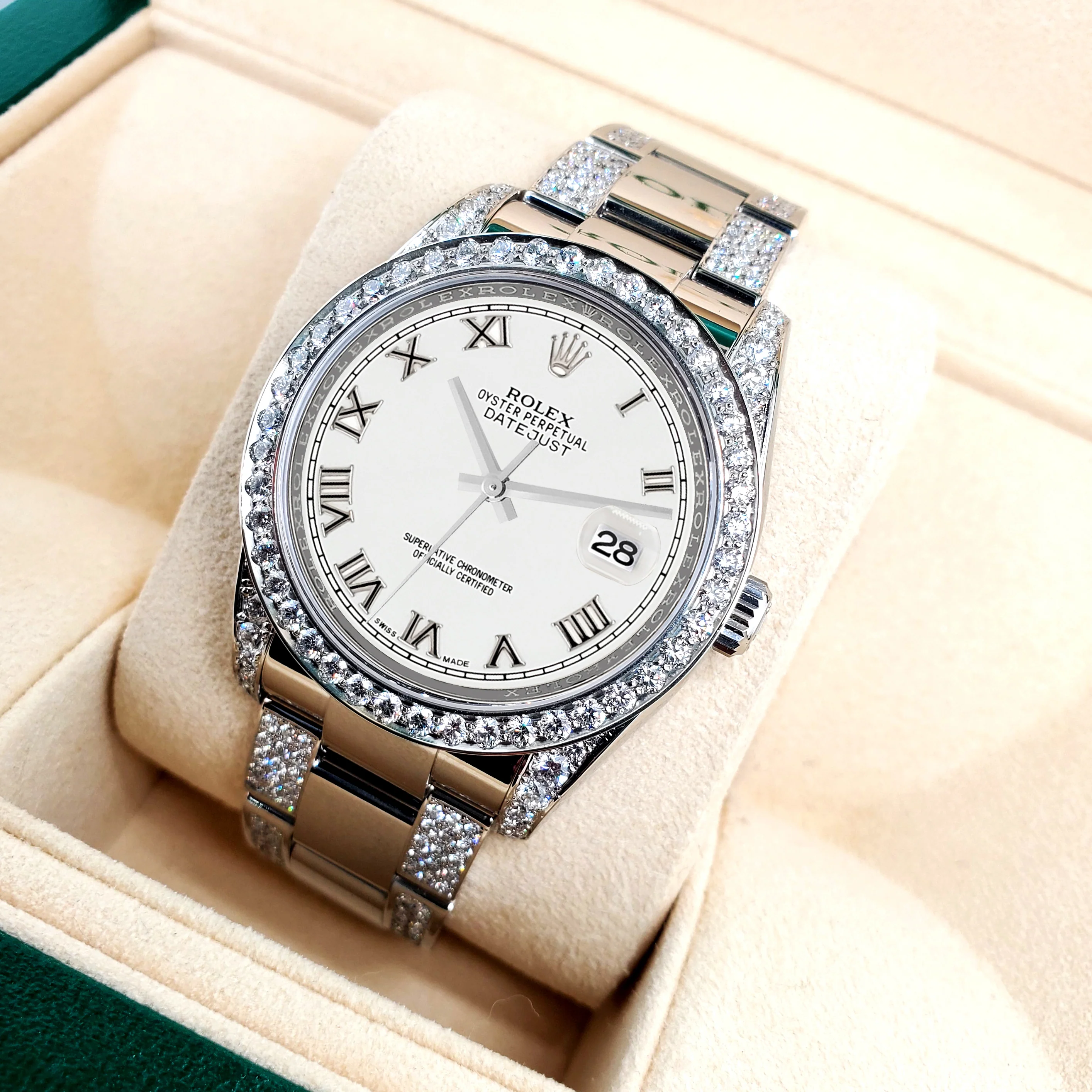Rolex Datejust 36mm 5.9ct Diamond Bezel/Lugs/Bracelet/White Roman Dial Steel Watch 116200 Box Papers