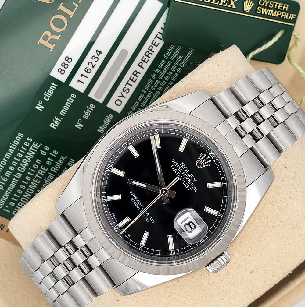 Rolex Datejust 36mm Black Index Dial White Gold Fluted Bezel Steel Jubilee Watch 116234 Box Papers