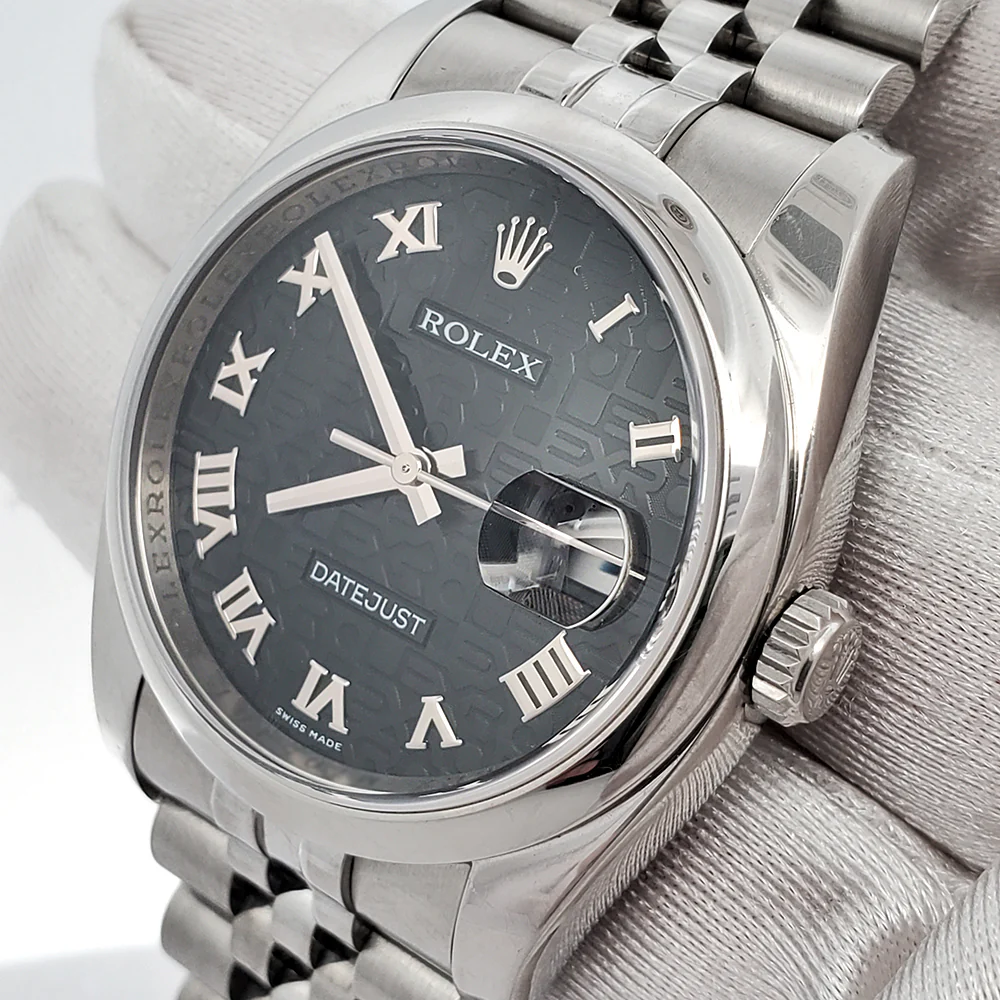 Rolex Datejust 36mm Black Jubilee Roman Dial Steel Watch 116200