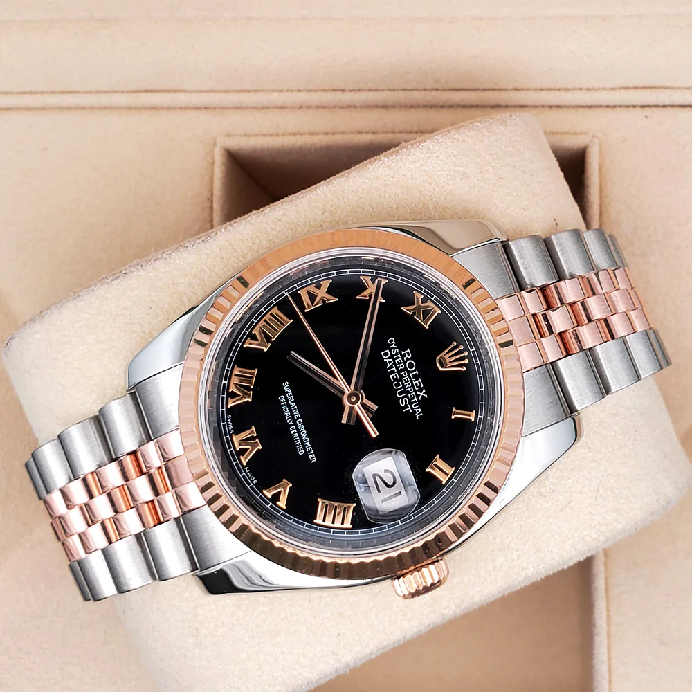 Rolex Datejust 36mm Black Roman 2-tone Rose Gold/Steel Jubilee Watch 116231