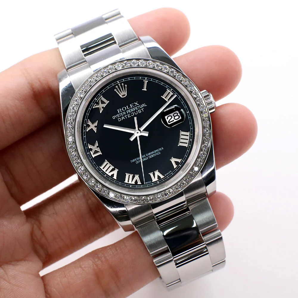 Rolex Datejust 36mm Black Roman Dial Oyster Watch with custom VS1 Diamond Bezel 116200 - Image 2
