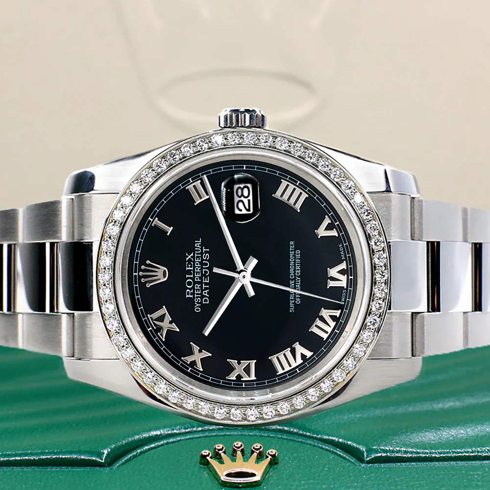Rolex Datejust 36mm Black Roman Dial Oyster Watch with custom VS1 Diamond Bezel 116200 - Image 3