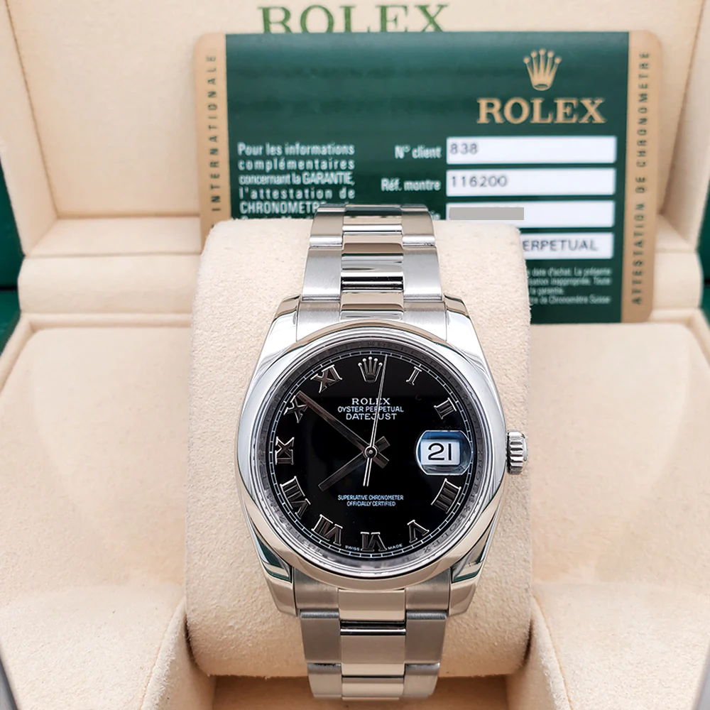Rolex Datejust 36mm Black Roman Dial Stainless Steel Oyster Watch 116200 Box Papers - Image 3