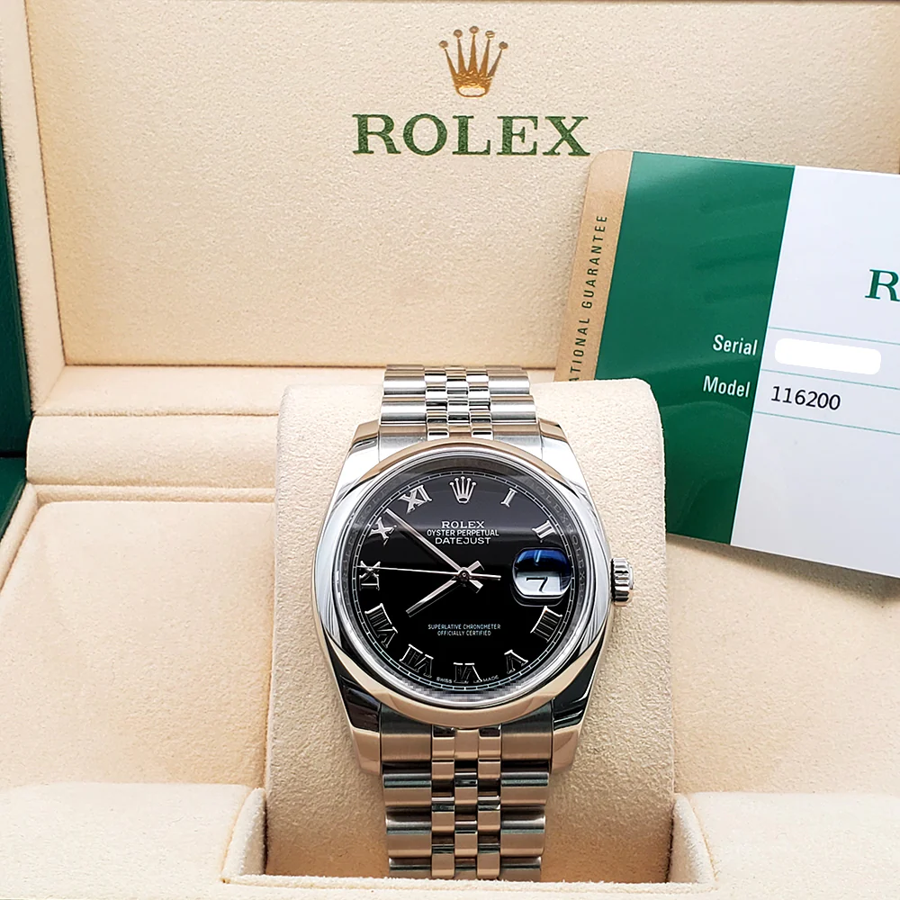 Rolex Datejust 36mm Black Roman Dial Steel Jubilee Watch 116200 Box Papers - Image 4