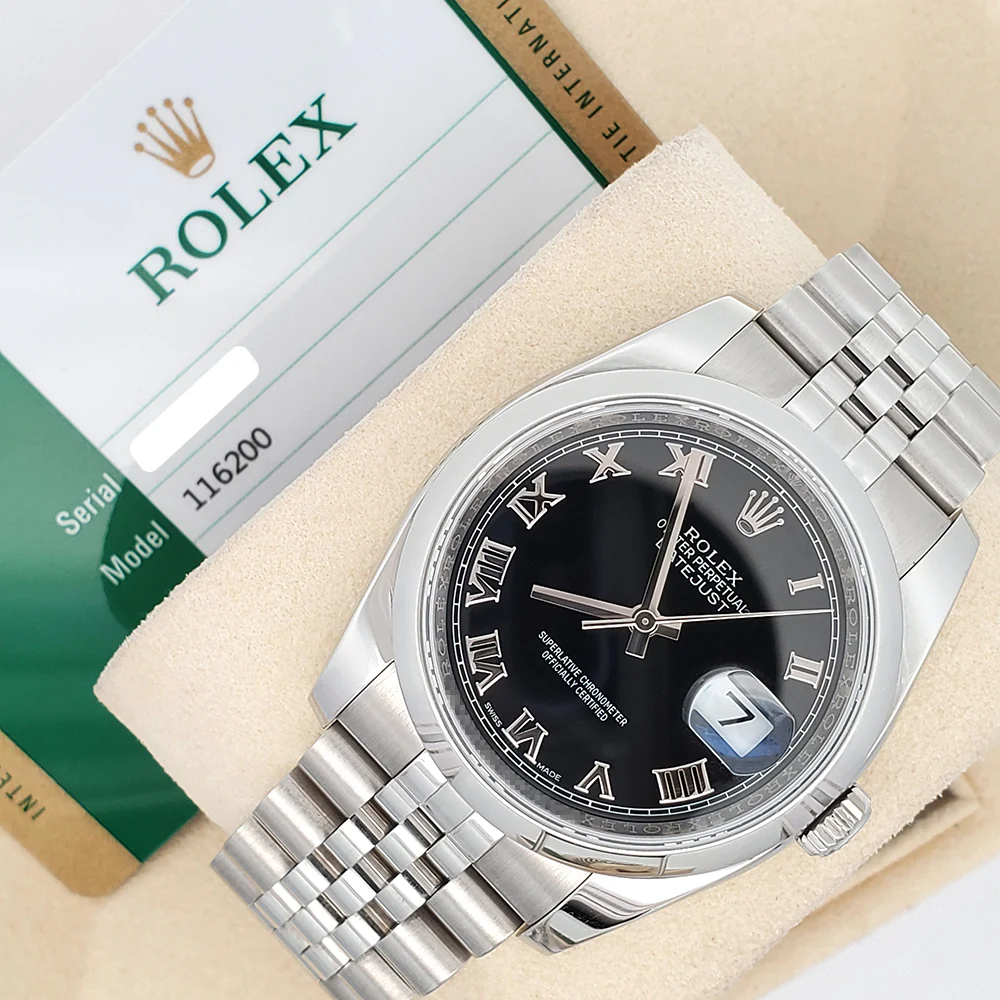 Rolex Datejust 36mm Black Roman Dial Steel Jubilee Watch 116200 Box Papers - Image 5