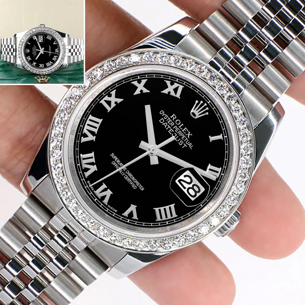 Rolex Datejust 36MM Black Roman Dial Steel Jubilee Watch with 1.85CT Custom Diamond Bezel 116200