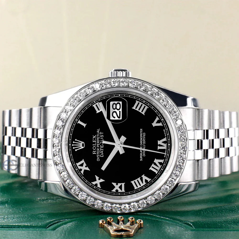 Rolex Datejust 36MM Black Roman Dial Steel Jubilee Watch with 1.85CT Custom Diamond Bezel 116200 - Image 2