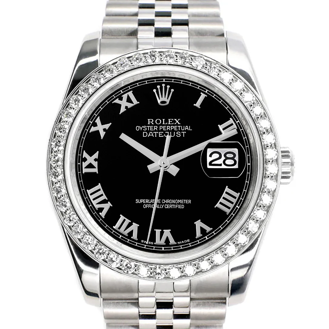 Rolex Datejust 36MM Black Roman Dial Steel Jubilee Watch with 1.85CT Custom Diamond Bezel 116200 - Image 3