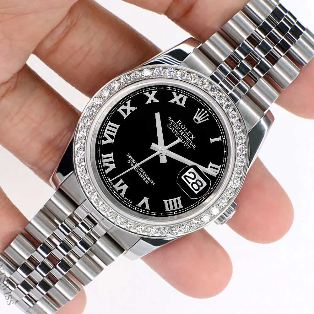 Rolex Datejust 36MM Black Roman Dial Steel Jubilee Watch with 1.85CT Custom Diamond Bezel 116200 - Image 4