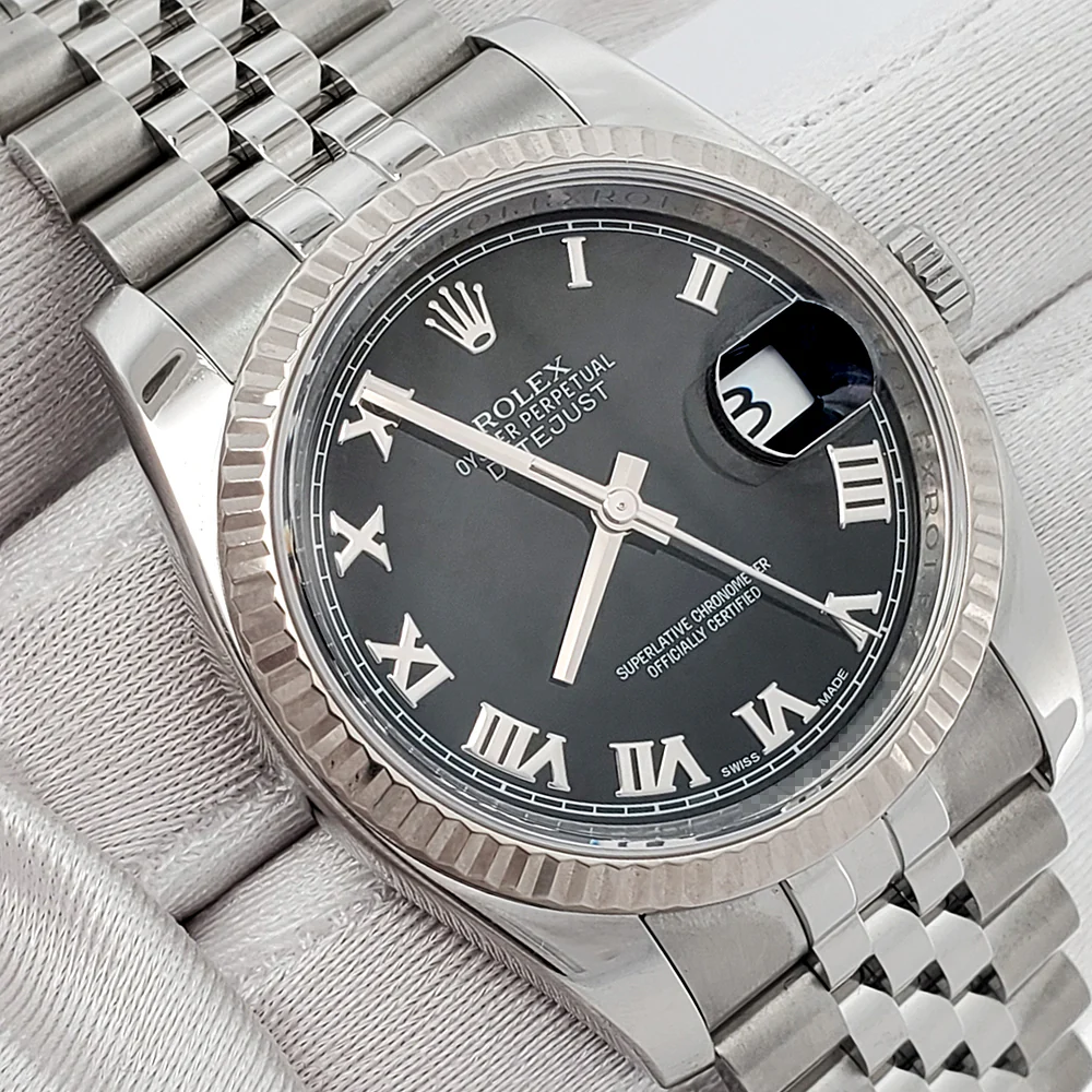 Rolex Datejust 36mm Black Roman Dial White Gold Fluted Bezel Steel Jubilee Watch 116234 Box Papers - Image 3