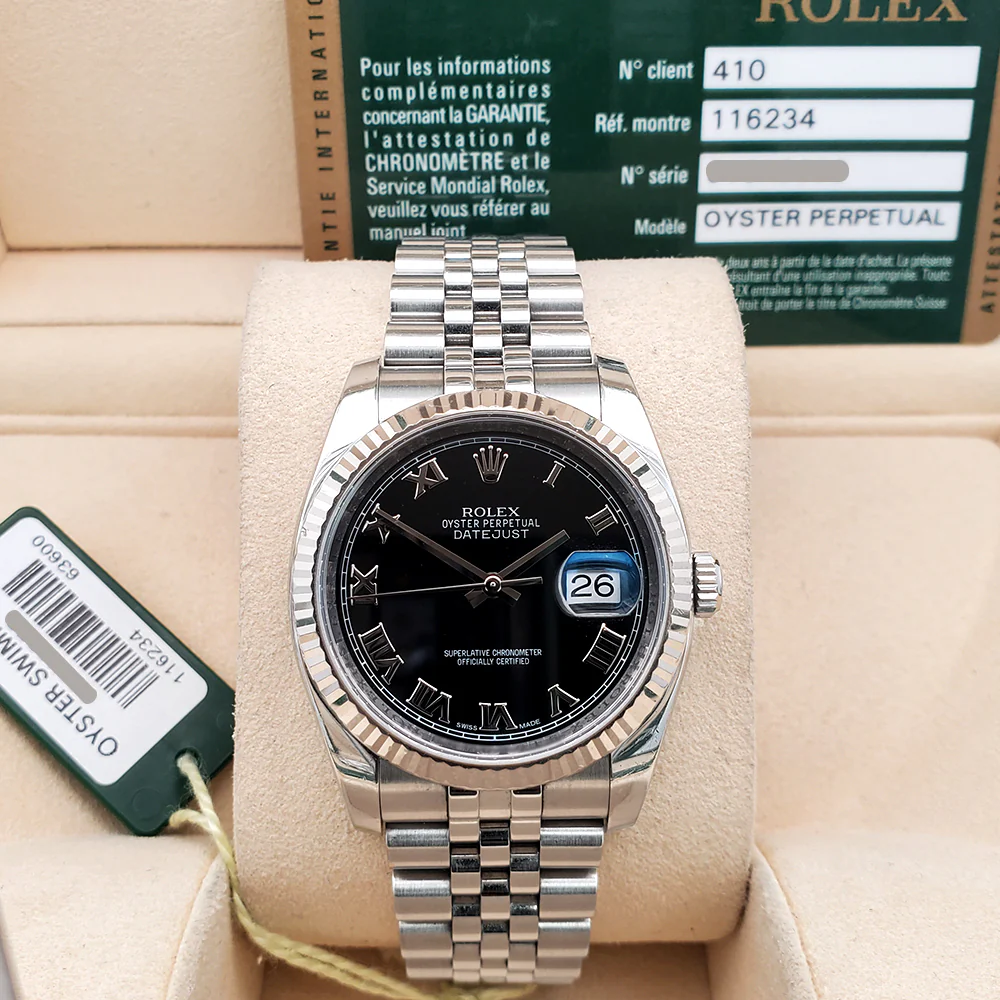 Rolex Datejust 36mm Black Roman White Gold Fluted Bezel Steel Jubilee Watch 116234 Box Papers - Image 2