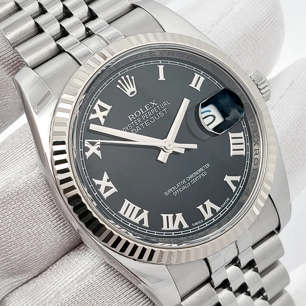 Rolex Datejust 36mm Black Roman White Gold Fluted Bezel Steel Jubilee Watch 116234 Box Papers - Image 3