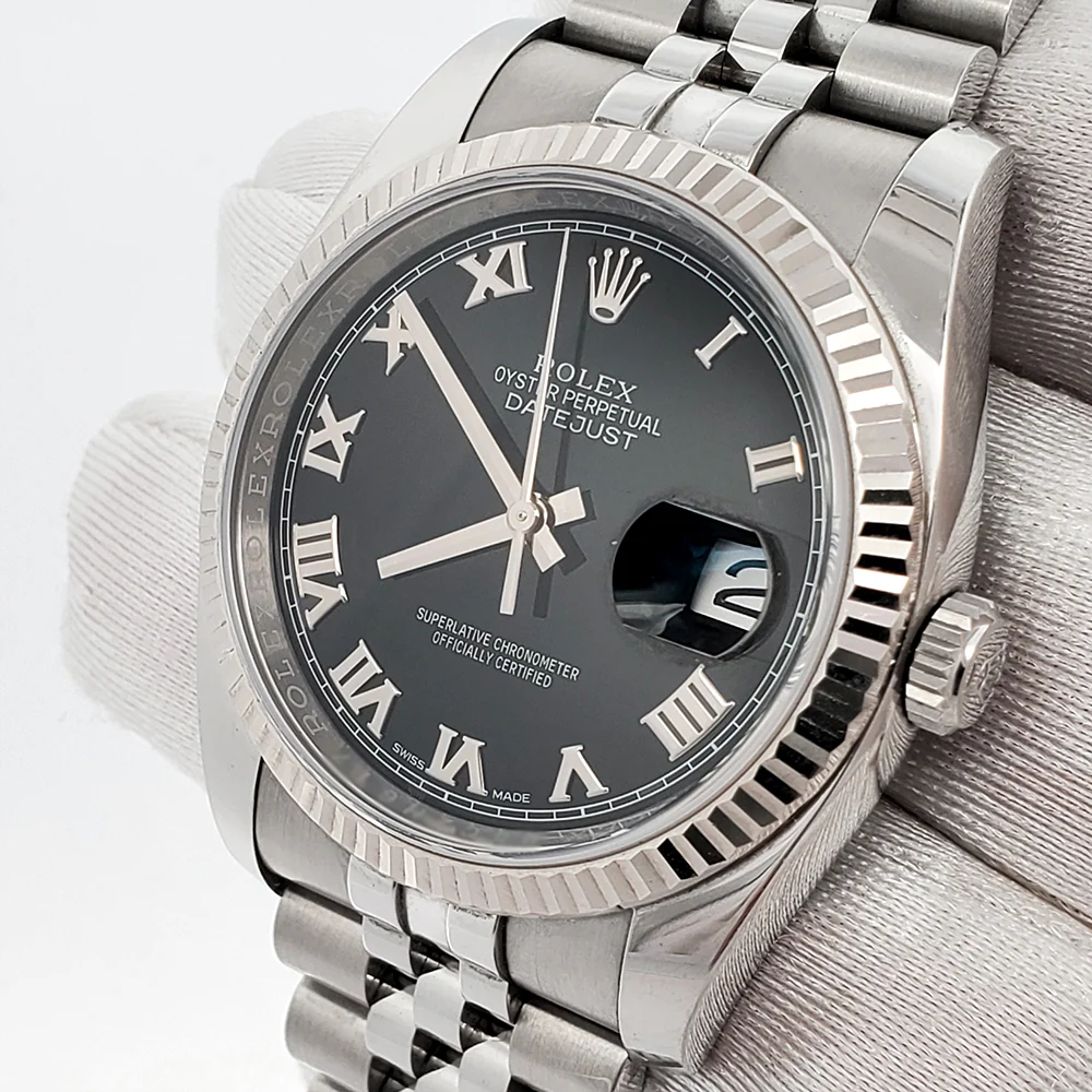 Rolex Datejust 36mm Black Roman White Gold Fluted Bezel Steel Jubilee Watch 116234 Box Papers