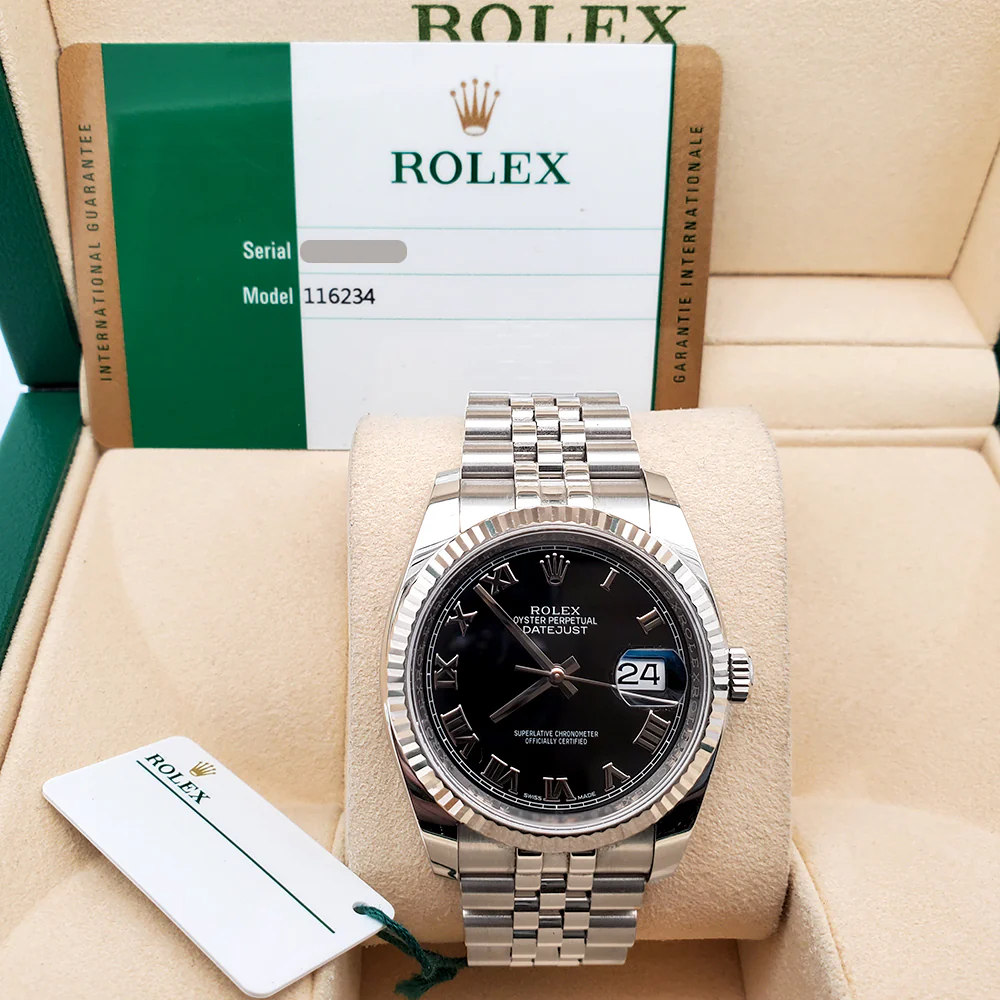 Rolex Datejust 36mm Black Roman White Gold Fluted Bezel Steel Jubilee Watch 116234 Box Papers - Image 3