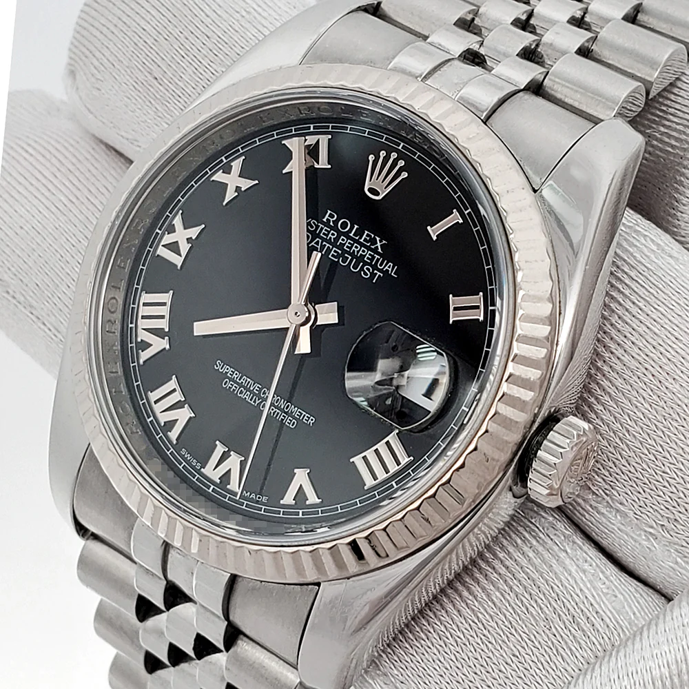 Rolex Datejust 36mm Black Roman White Gold Fluted Bezel Steel Jubilee Watch 116234 Box Papers - Image 2