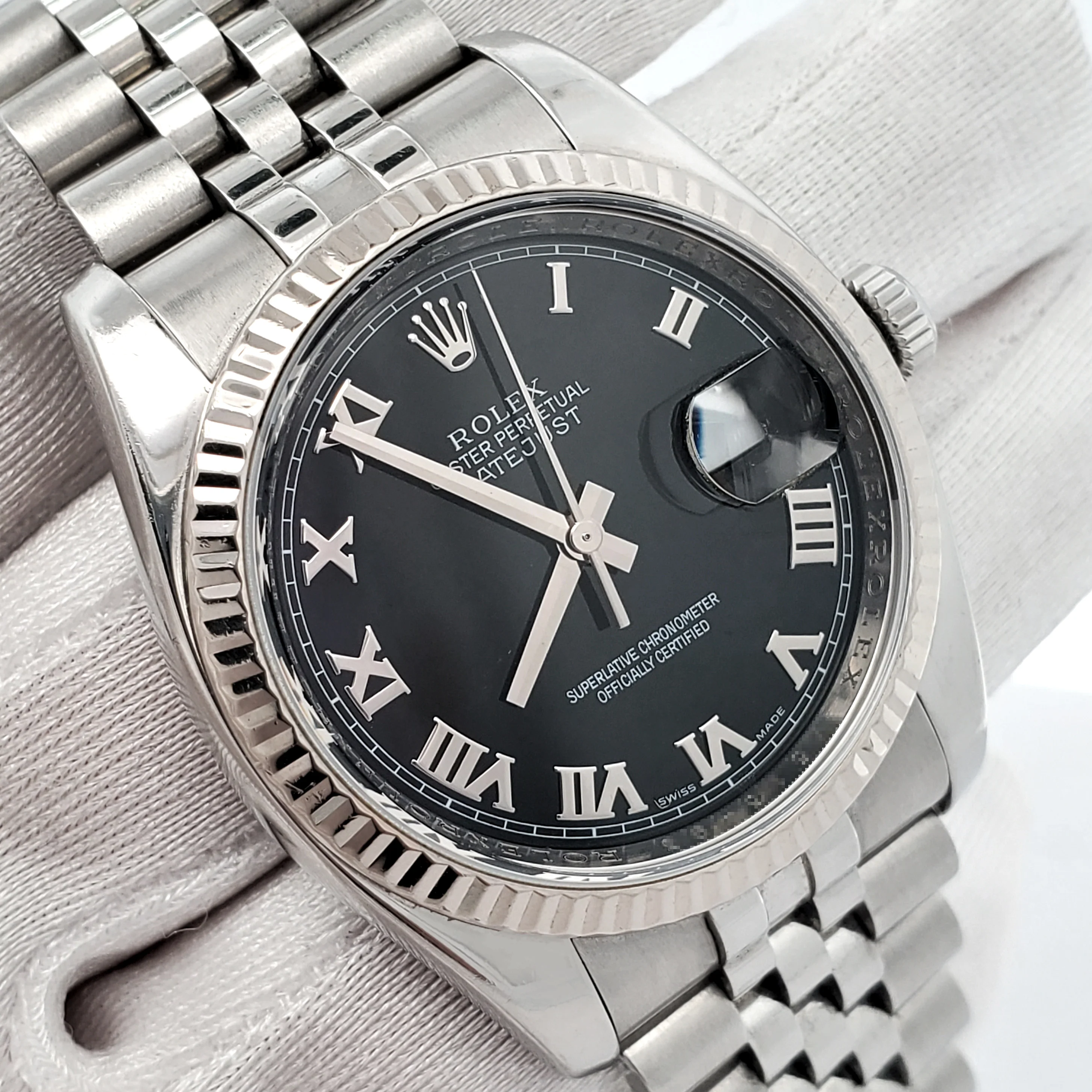 Rolex Datejust 36mm Black Roman White Gold Fluted Bezel Steel Jubilee Watch 116234 Box Papers - Image 3