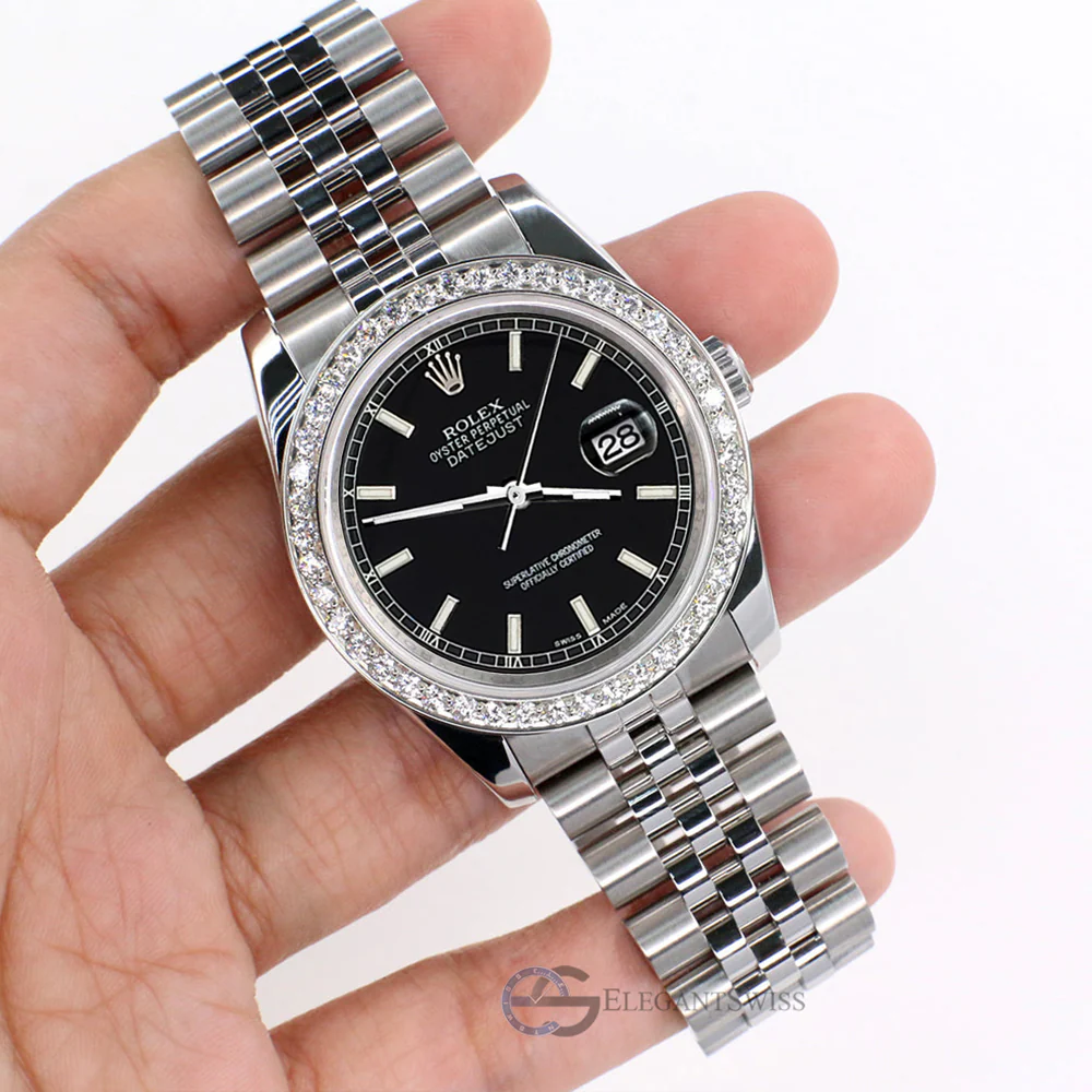 Rolex Datejust 36MM Black Index Dial Steel Jubilee Watch with 1.85CT Custom Diamond Bezel 116200 - Image 2
