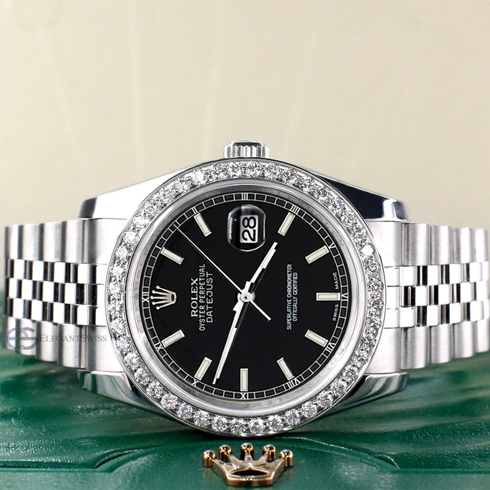 Rolex Datejust 36MM Black Index Dial Steel Jubilee Watch with 1.85CT Custom Diamond Bezel 116200 - Image 3
