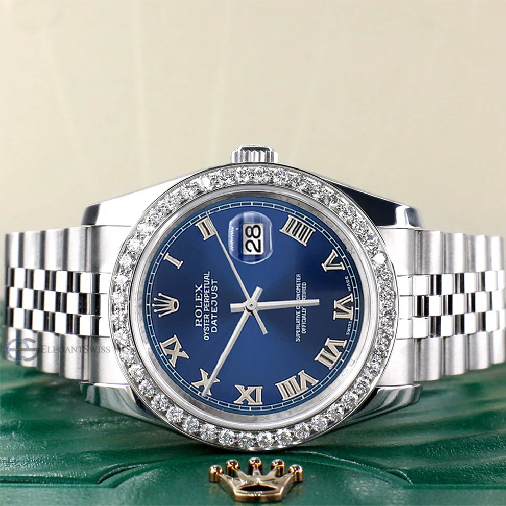 Rolex Datejust 36MM Blue Roman Dial Steel Jubilee Watch with 2CT Custom Diamond Bezel 116200 - Image 3