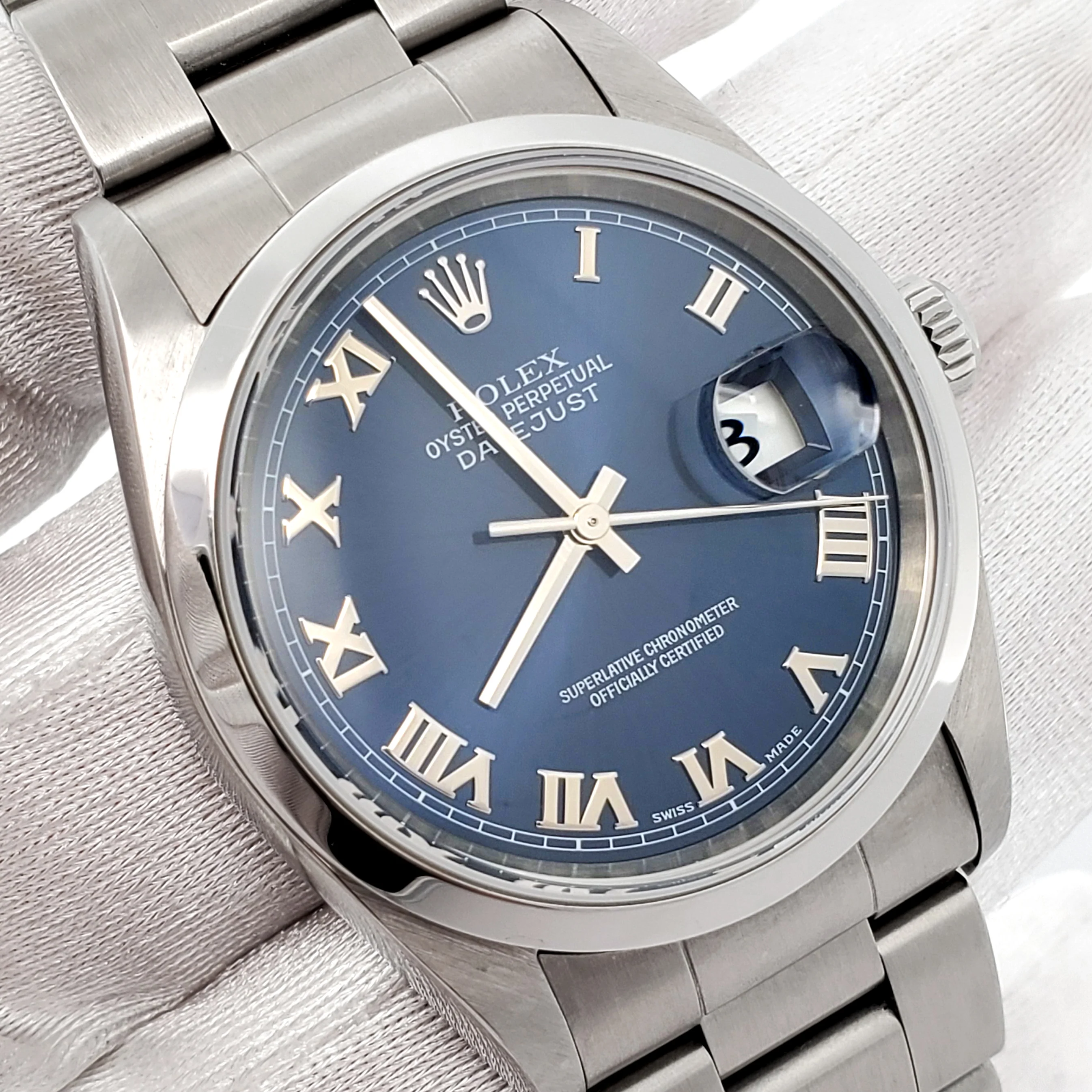 Rolex Datejust 36mm Blue Roman Dial Steel Oyster Watch 16200 Box Papers - Image 3
