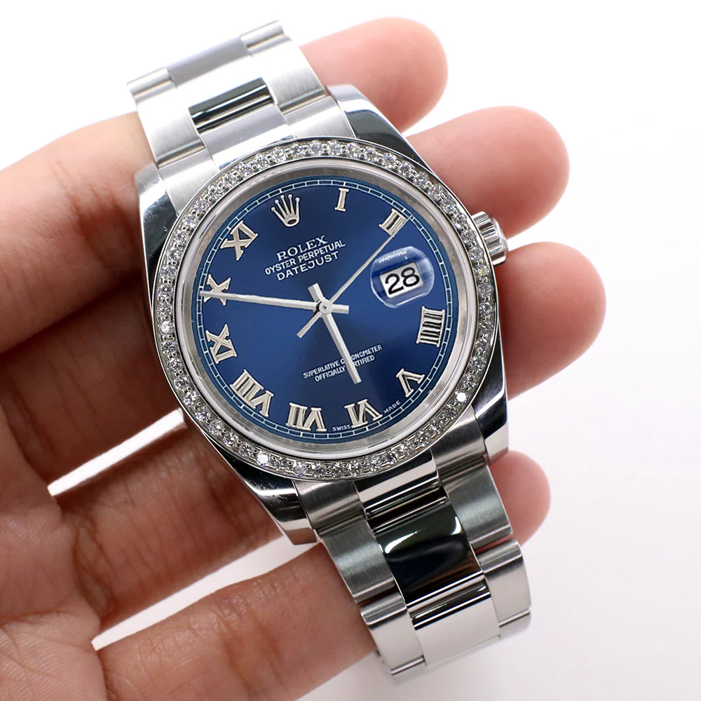 Rolex Datejust 36MM Blue Roman Dial Steel Oyster Watch with Custom Diamond Bezel 116200 - Image 2