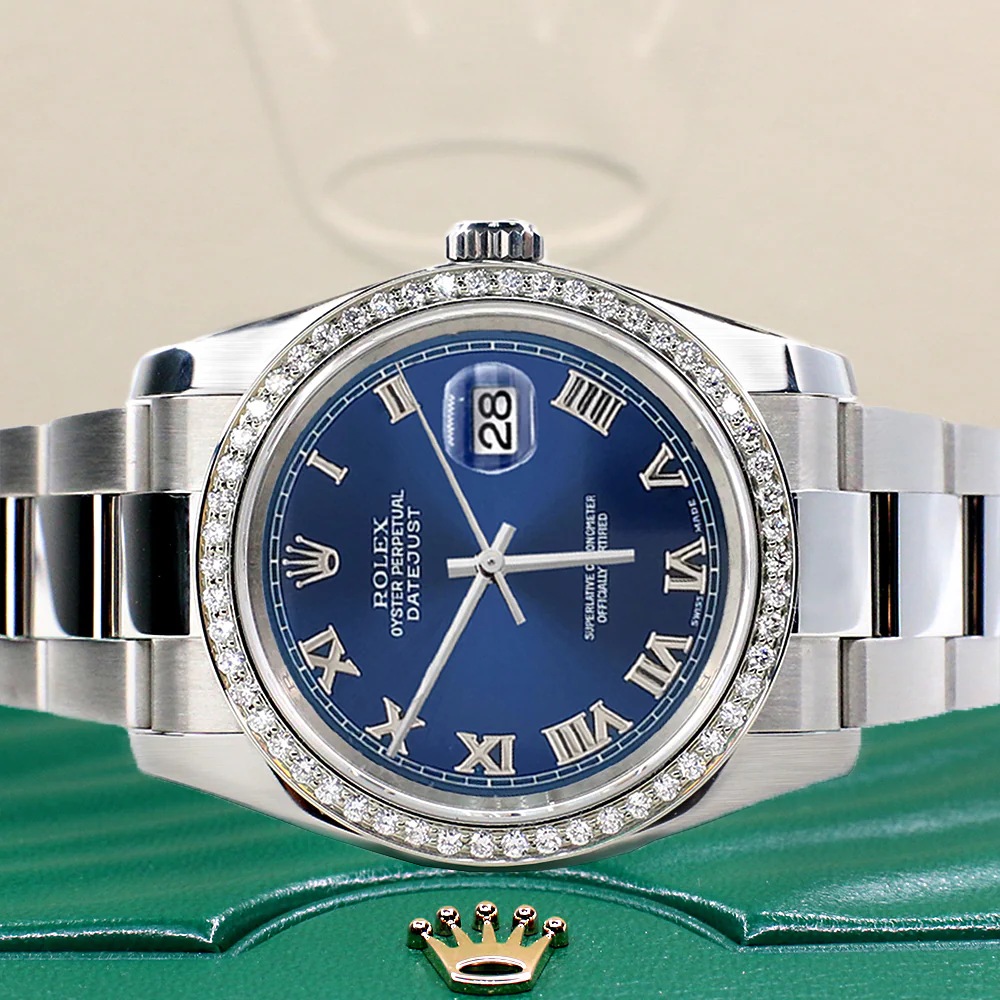 Rolex Datejust 36MM Blue Roman Dial Steel Oyster Watch with Custom Diamond Bezel 116200 - Image 8