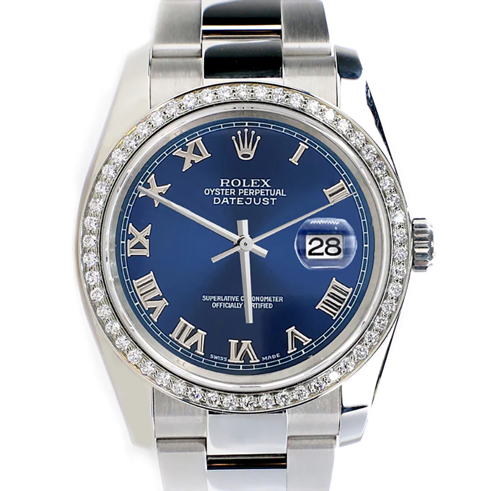 Rolex Datejust 36MM Blue Roman Dial Steel Oyster Watch with Custom Diamond Bezel 116200 - Image 9