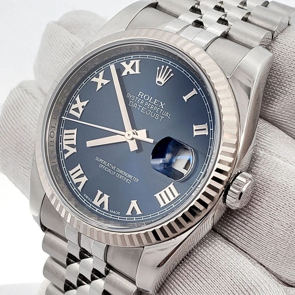 Rolex Datejust 36mm Blue Roman White Gold Fluted Bezel Steel Jubilee Watch 116234 Box Papers - Image 2