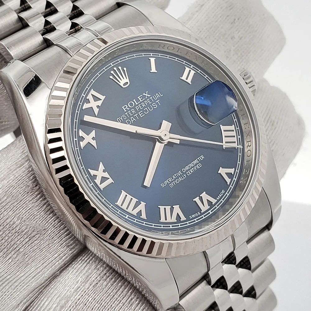 Rolex Datejust 36mm Blue Roman White Gold Fluted Bezel Steel Jubilee Watch 116234 Box Papers - Image 3