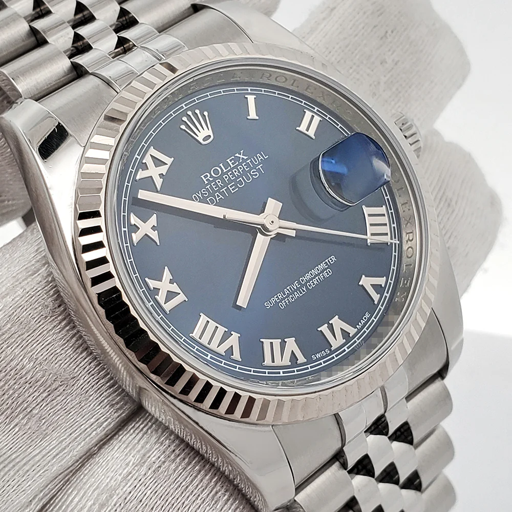 Rolex Datejust 36mm Blue Roman White Gold Fluted Bezel Steel Jubilee Watch 116234 Box Papers - Image 3