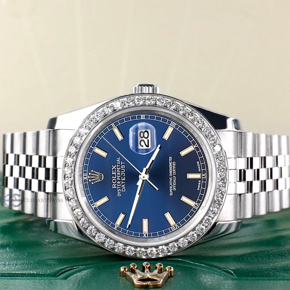 Rolex Datejust 36MM Blue Index Dial Steel Jubilee Watch with 1.85CT Custom Diamond Bezel 116200 - Image 3