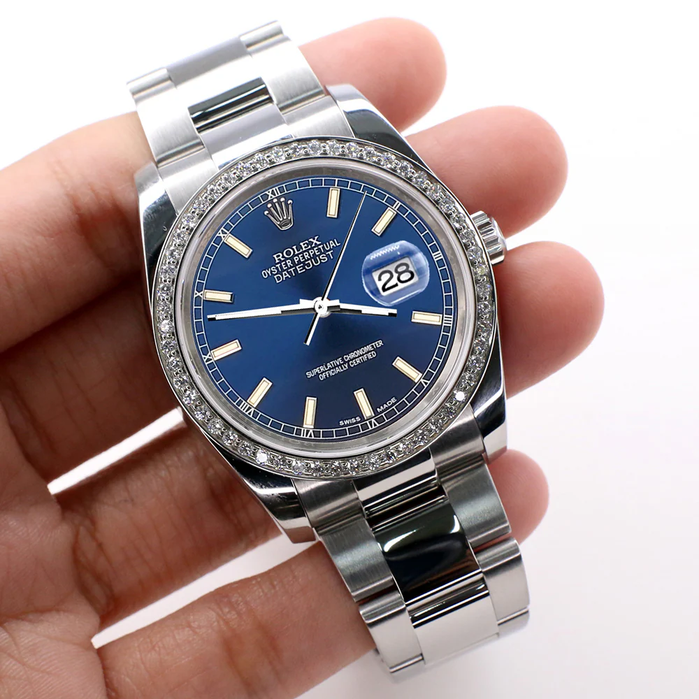 Rolex Datejust 36MM Blue Index Dial Steel Oyster Watch with Custom VS1 Diamond Bezel 116200 - Image 3