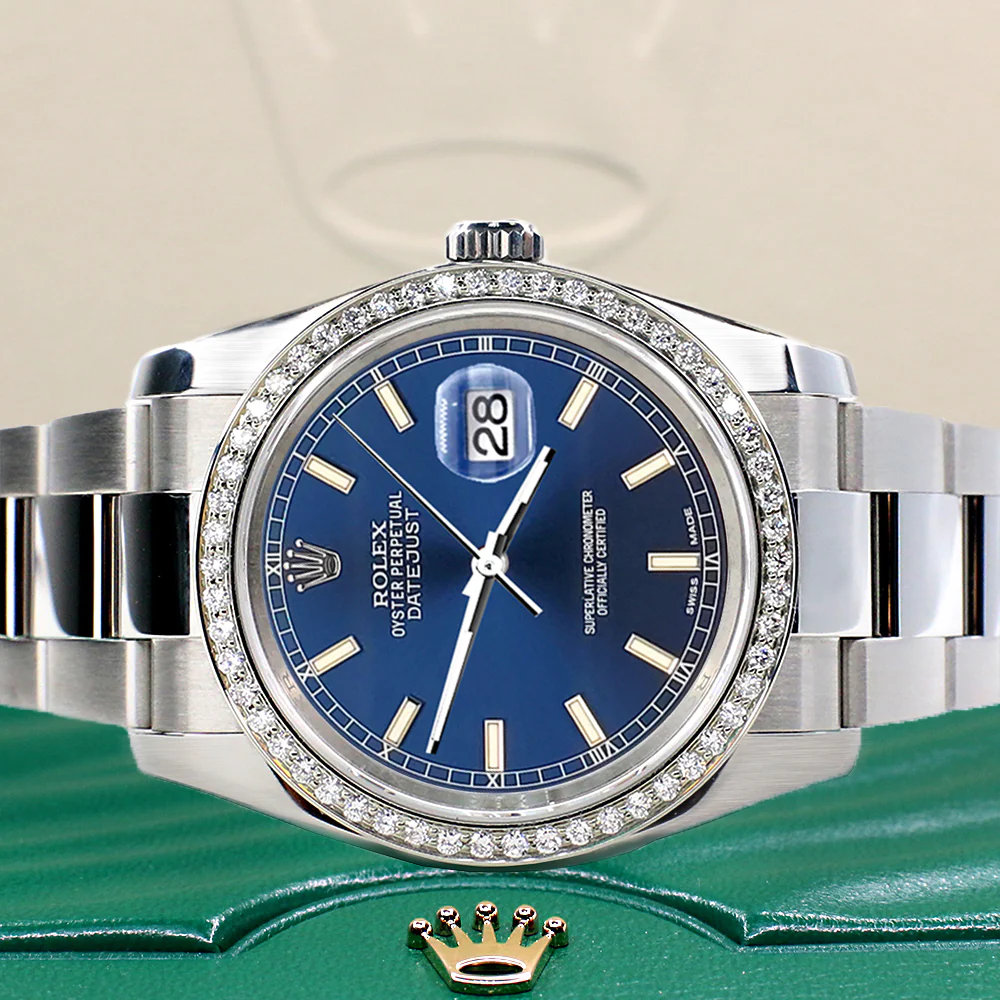Rolex Datejust 36MM Blue Index Dial Steel Oyster Watch with Custom VS1 Diamond Bezel 116200 - Image 8