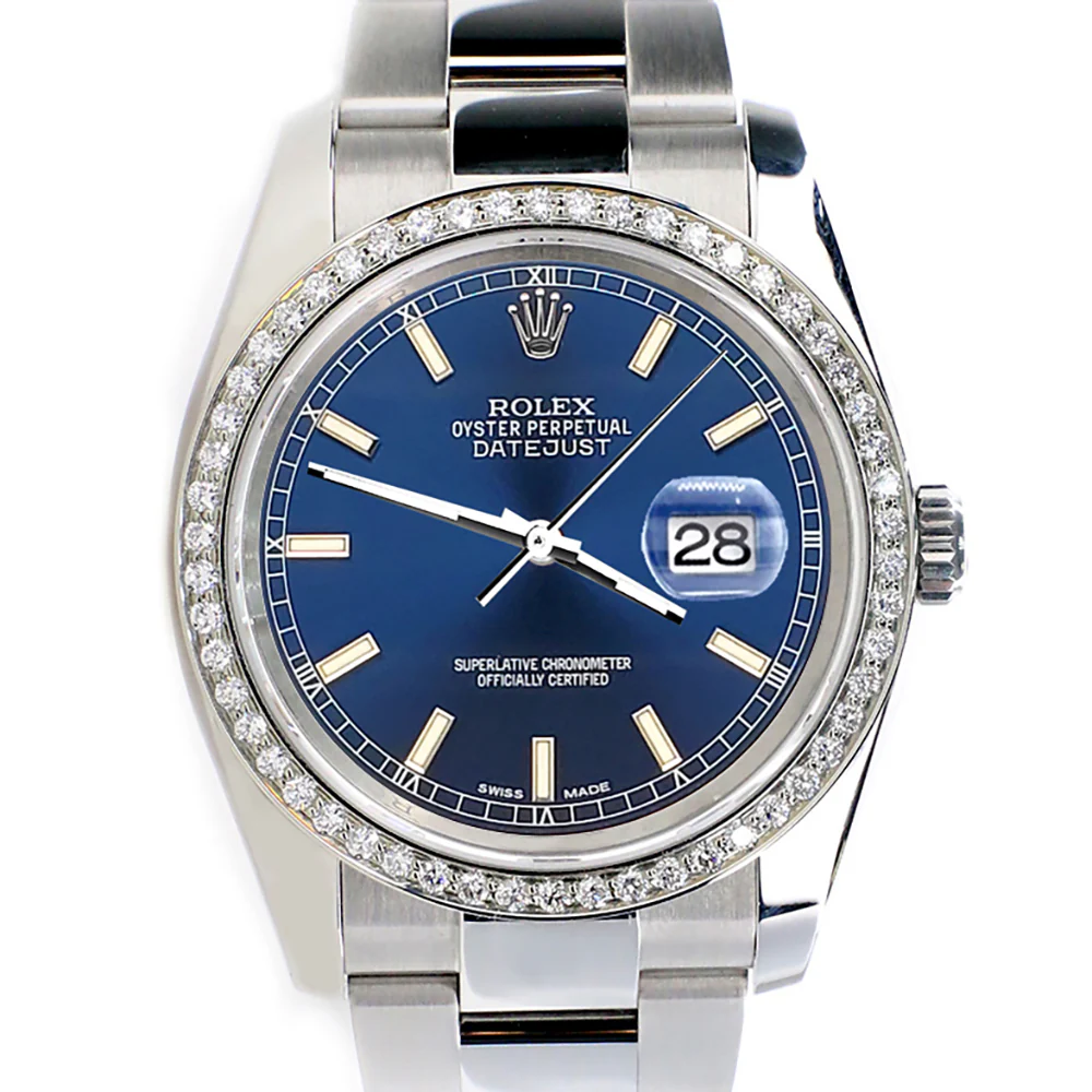 Rolex Datejust 36MM Blue Index Dial Steel Oyster Watch with Custom VS1 Diamond Bezel 116200 - Image 9