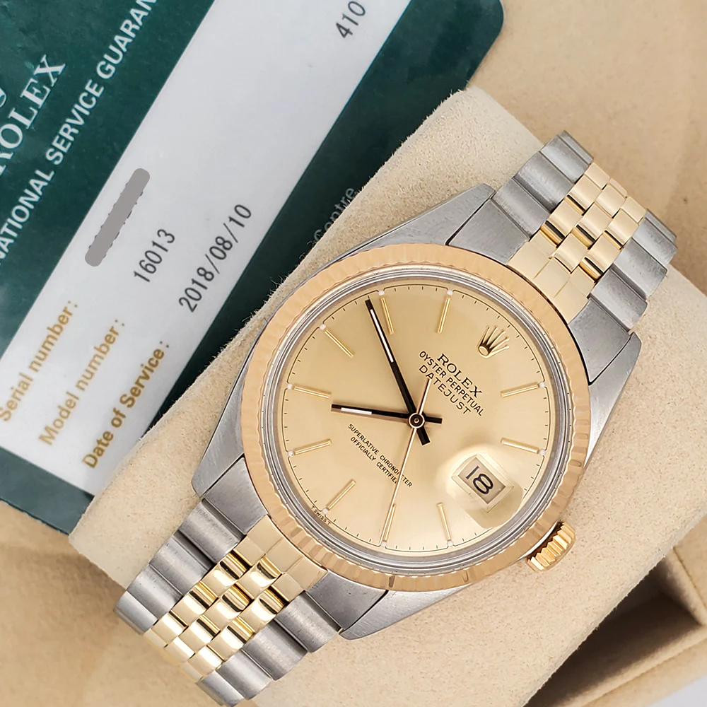 Rolex Datejust 36mm Champagne Index Yellow Gold/ Steel Jubilee 16013 Watch Box Service Papers