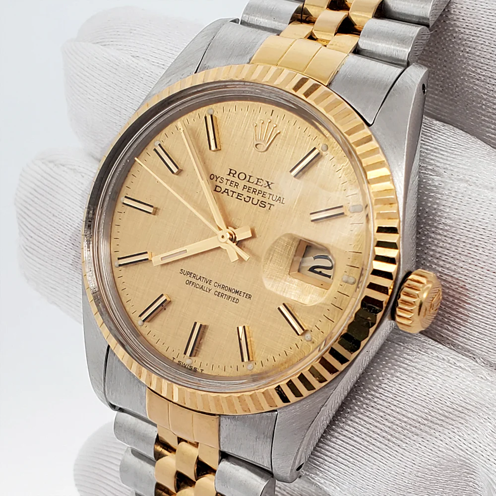 Rolex Datejust 36mm Champagne Linen Dial Fluted Yellow Gold/Steel Watch 16013 - Image 2