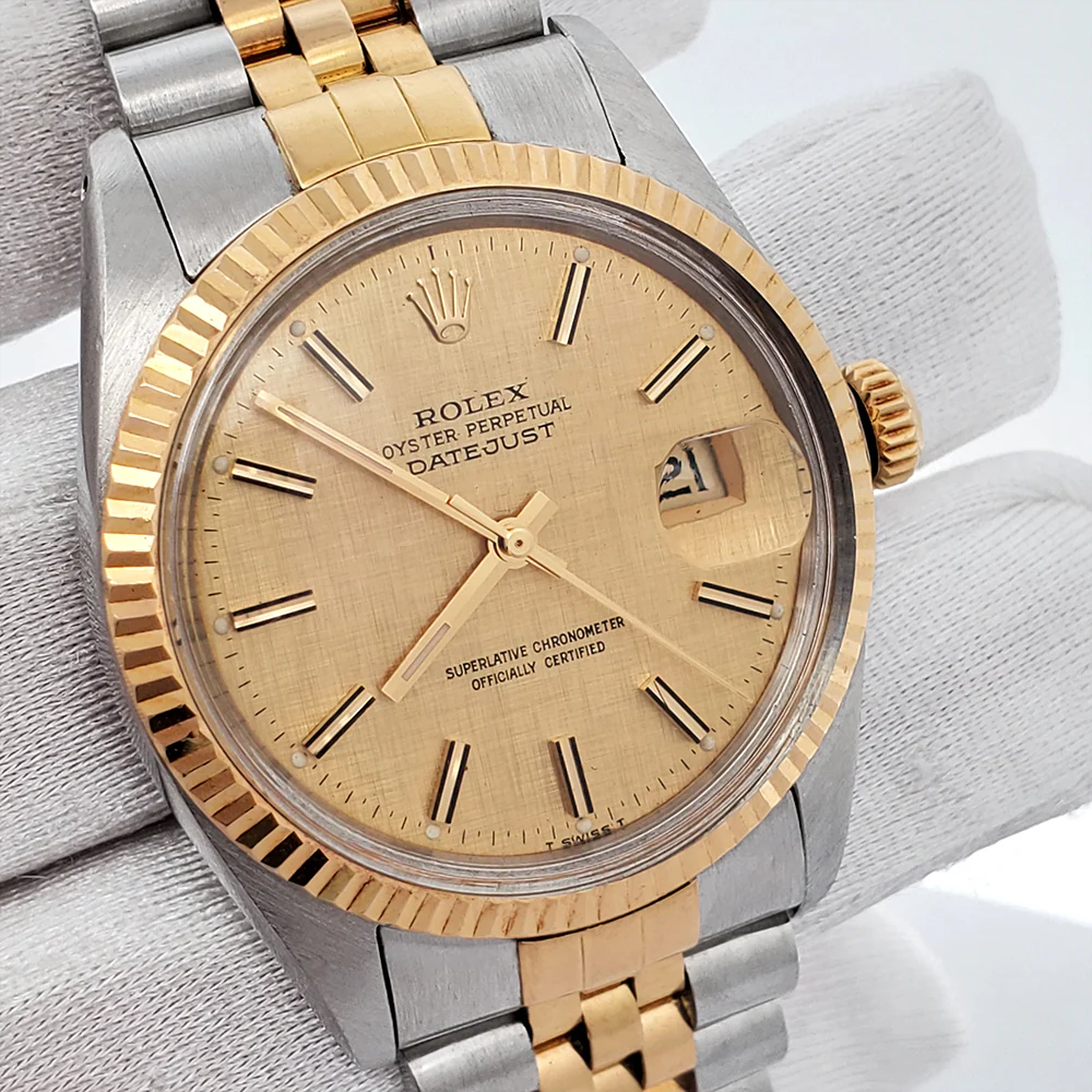 Rolex Datejust 36mm Champagne Linen Dial Fluted Yellow Gold/Steel Watch 16013 - Image 3