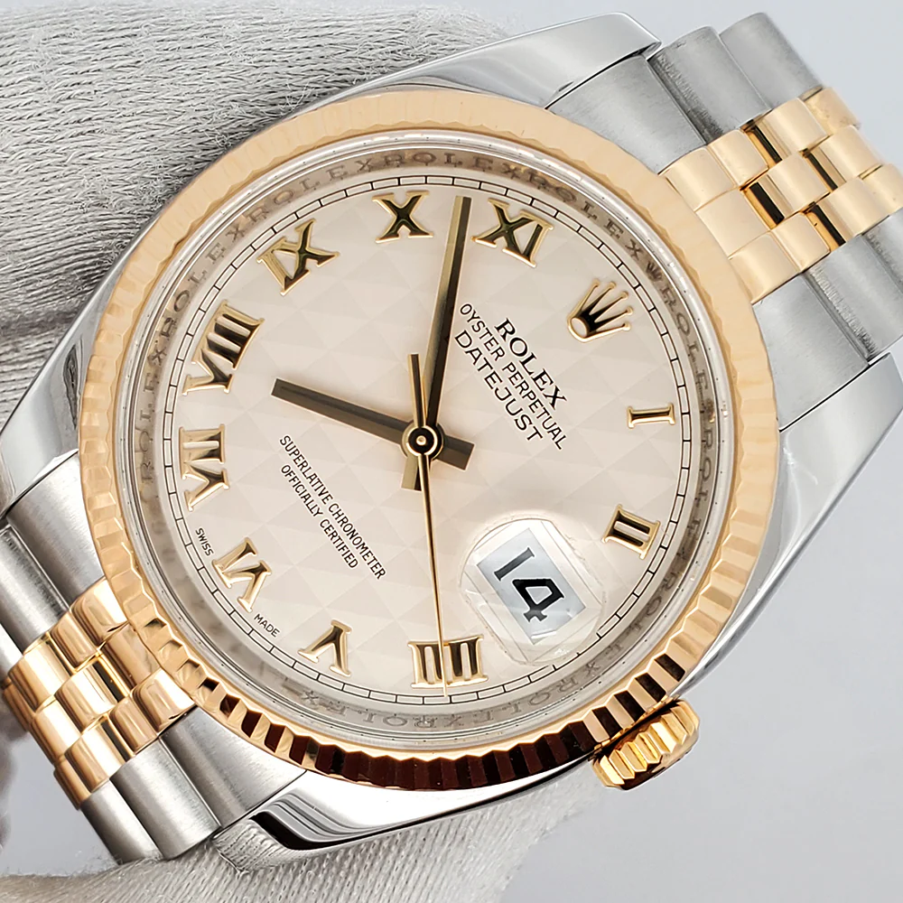 Rolex Datejust 36mm Cream Pyramid Roman 2-Tone Yellow Gold/Steel Jubilee Watch 116233