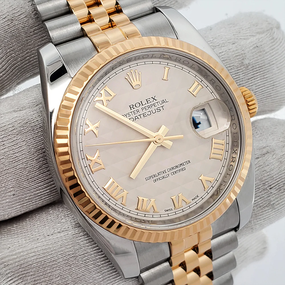 Rolex Datejust 36mm Cream Pyramid Roman 2-Tone Yellow Gold/Steel Jubilee Watch 116233 - Image 3