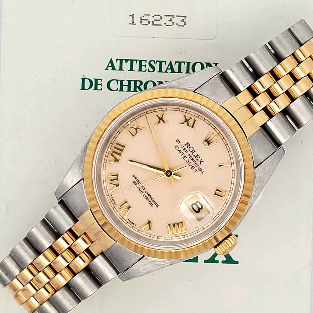 Rolex Datejust 36mm Cream Roman Dial 2-tone Yellow Gold/Steel Jubilee Watch 16233 Papers