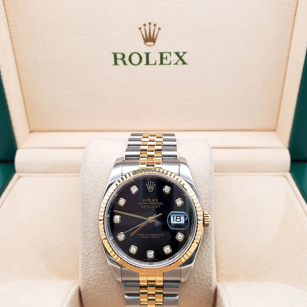 Rolex Datejust 36mm Factory Black Diamond 2-Tone Yellow Gold/Steel Jubilee Watch 116233 - Image 3