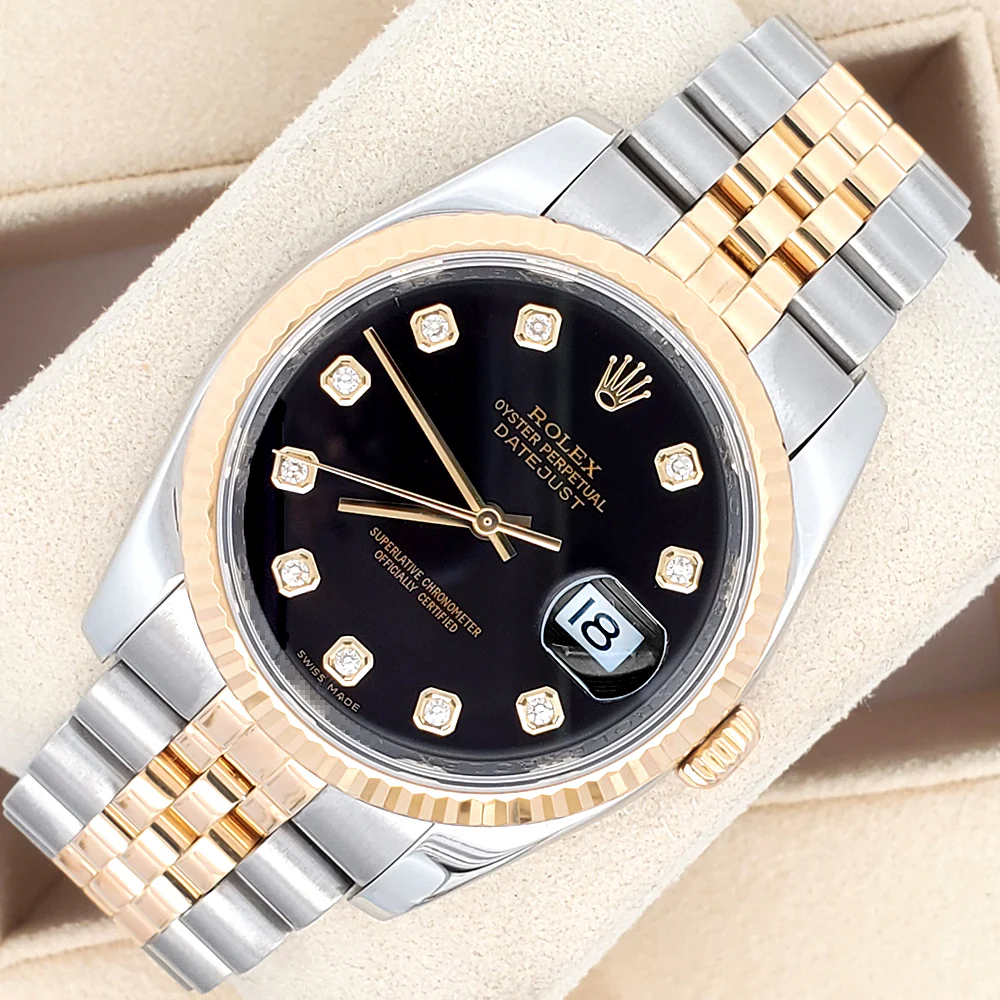 Rolex Datejust 36mm Factory Black Diamond 2-Tone Yellow Gold/Steel Jubilee Watch 116233 - Image 4