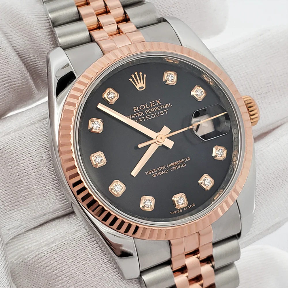 Rolex Datejust 36mm Factory Black Diamond Dial 2-Tone Rose Gold/Steel Jubilee Watch 116231 - Image 2